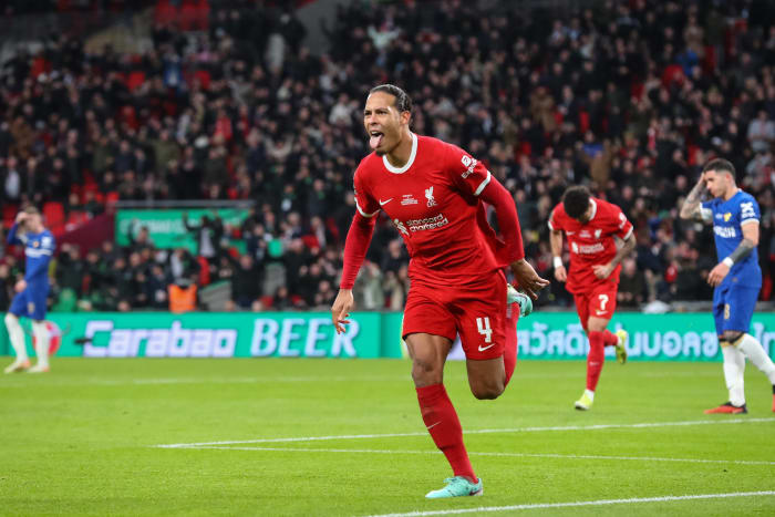 Goalscorer Virgil van Dijk pictured celebrating during Liverpool's 1-0 win over Chelsea in the 2024 EFL Cup final at Wembley